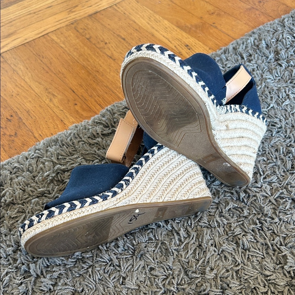 TOMS Marisol Navy Blue Canvas Wedge Heel Open Toe Ankle Strap Sandals Size 8.5 - Picture 8 of 9